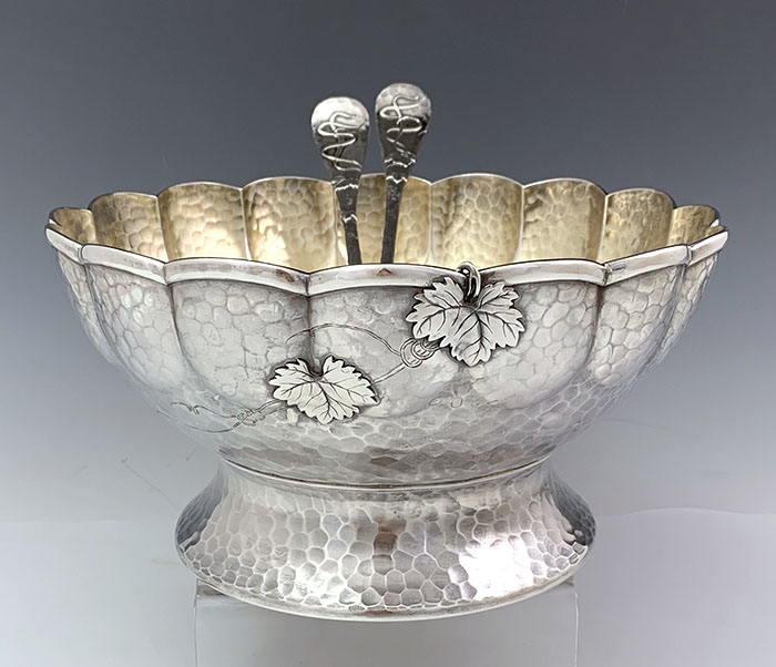 Tiffany hammered sterling salad bowl with applied bug and oak leaves as well as salad set